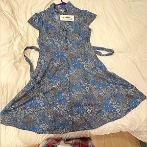 Vintage Retro Floral Blue Button-Up Dress Size Large